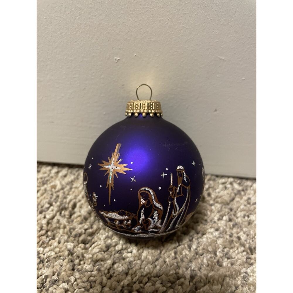Vintage Krebs Glass Christmas Ornament Nativity Scene Purple/Royal Blue Glitter